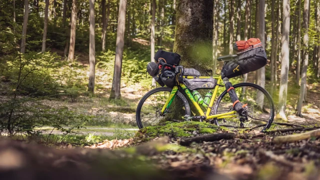 Fahrrad mit Bikepacking Satteltasche - auch Arschrakete gennant - im Wald