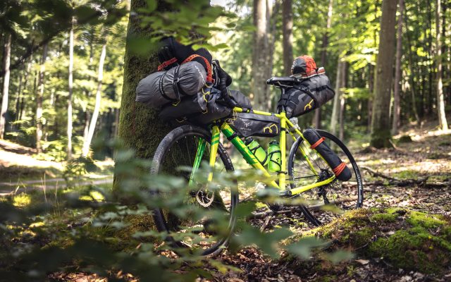 Fahrrad mit Bikepacking Lenkertasche im Wald