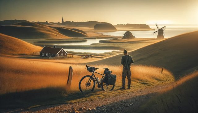 Ein Radfahrer steht neben seinem Fahrrad auf einem ländlichen Weg und blickt auf eine malerische Landschaft in Dänemark. Im Vordergrund befindet sich ein dunkles, traditionelles dänisches Haus, umgeben von goldenem Grasland. Im Hintergrund sind sanfte Hügel, ein Fluss oder See und eine Windmühle zu sehen. Das Bild strahlt eine ruhige, idyllische Atmosphäre aus und die tief stehende Sonne erzeugt warmes Licht und lange Schatten.