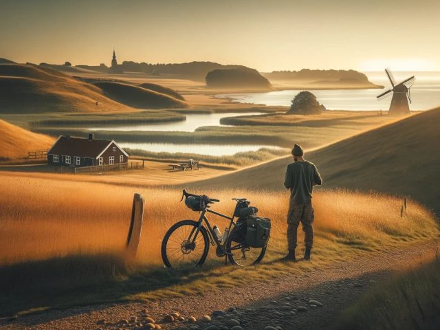 Ein Radfahrer steht neben seinem Fahrrad auf einem ländlichen Weg und blickt auf eine malerische Landschaft in Dänemark. Im Vordergrund befindet sich ein dunkles, traditionelles dänisches Haus, umgeben von goldenem Grasland. Im Hintergrund sind sanfte Hügel, ein Fluss oder See und eine Windmühle zu sehen. Das Bild strahlt eine ruhige, idyllische Atmosphäre aus und die tief stehende Sonne erzeugt warmes Licht und lange Schatten.